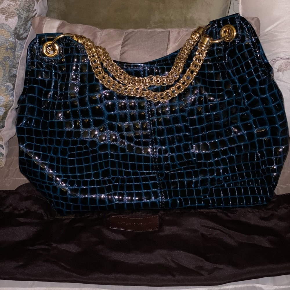 Blue Purse with Gold Straps